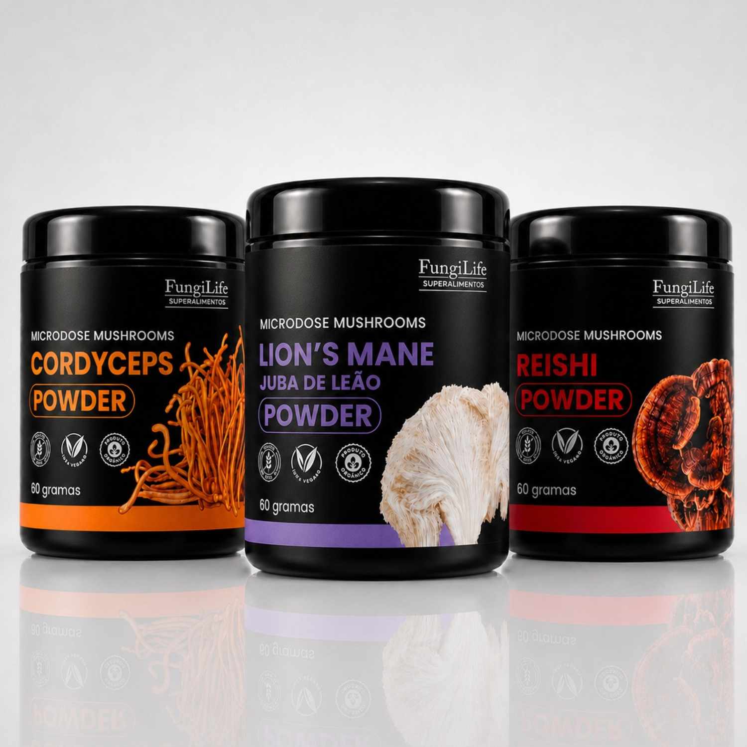 Kit Foco, Energia e Equilíbrio Lion's Mane + Cordyceps Militaris + Reishi | Extrato em Pó 60gr